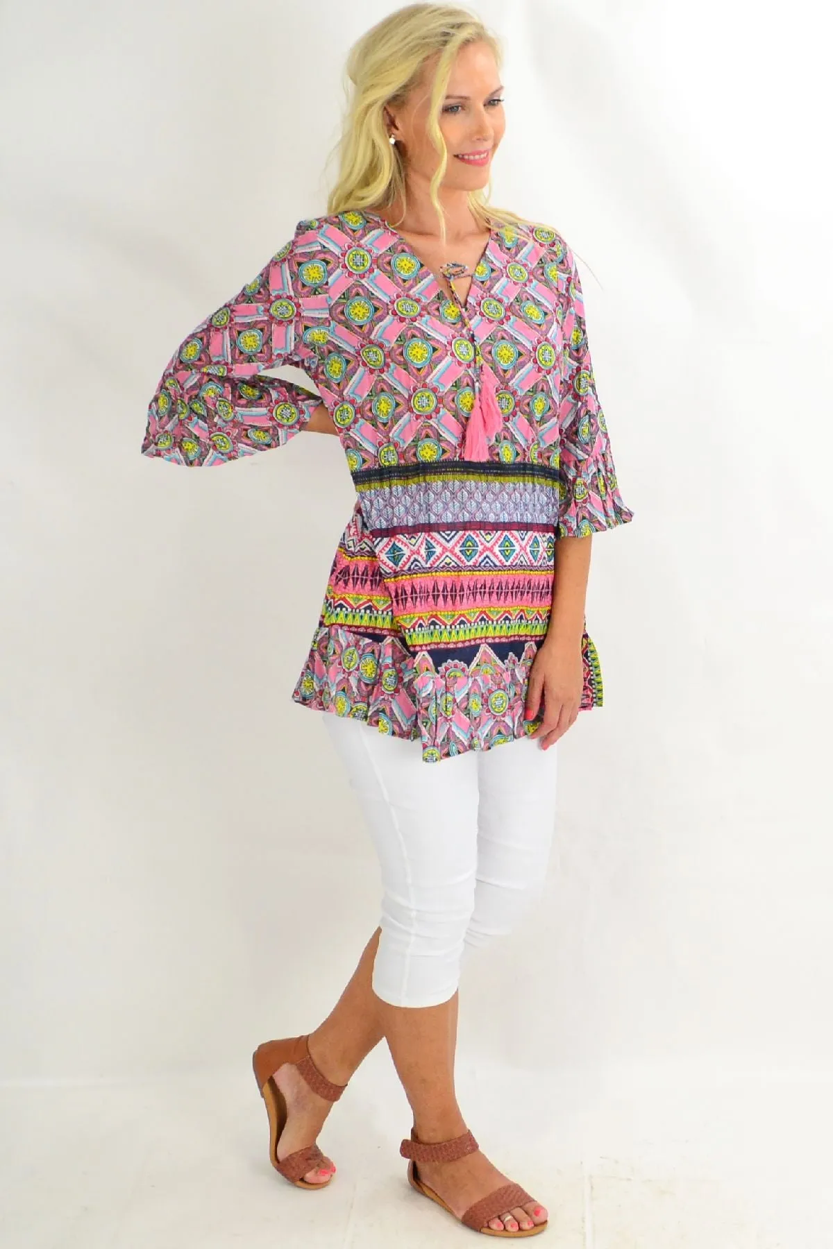 Diamond Mandela Ruffle Sleeve Tunic Top