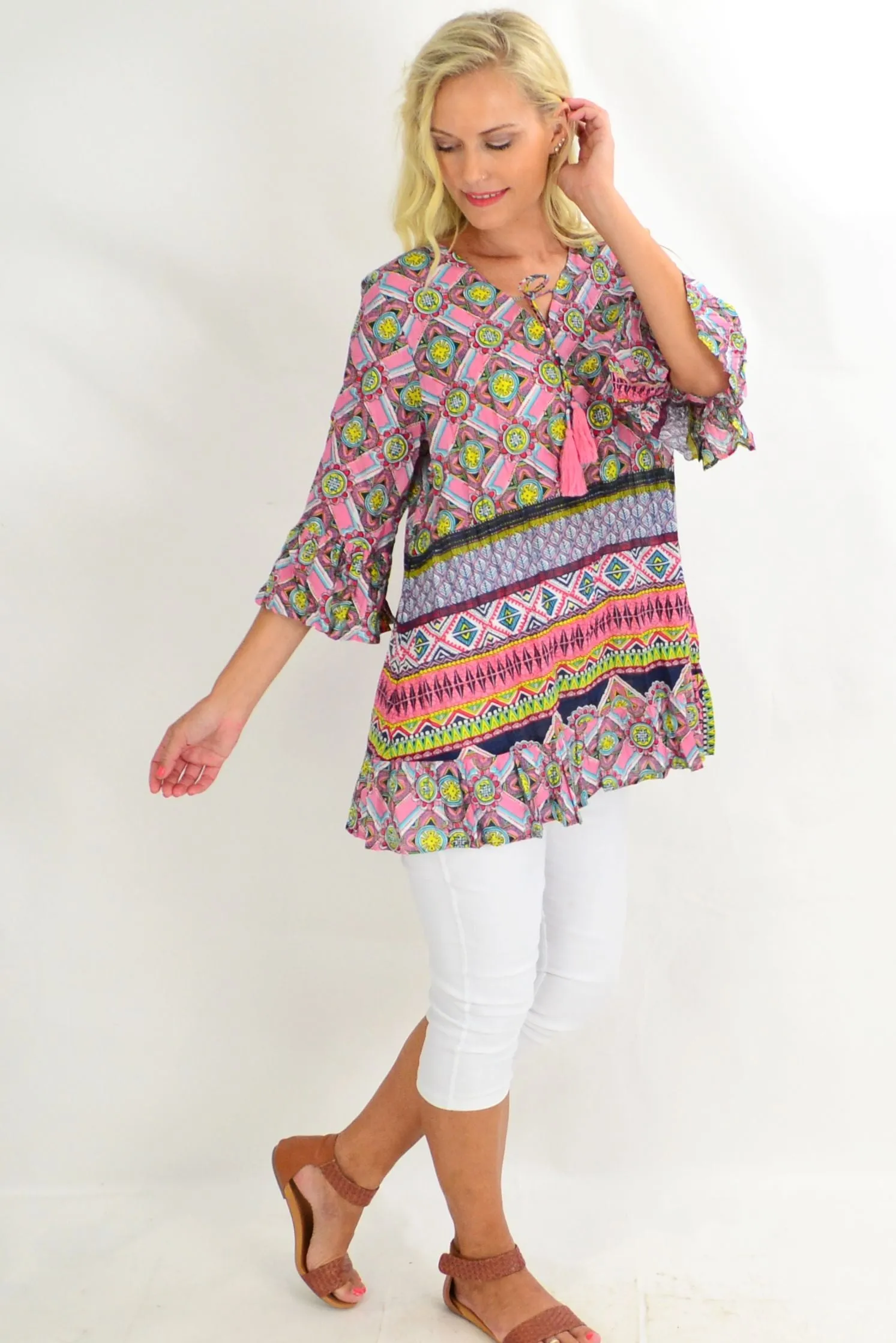 Diamond Mandela Ruffle Sleeve Tunic Top