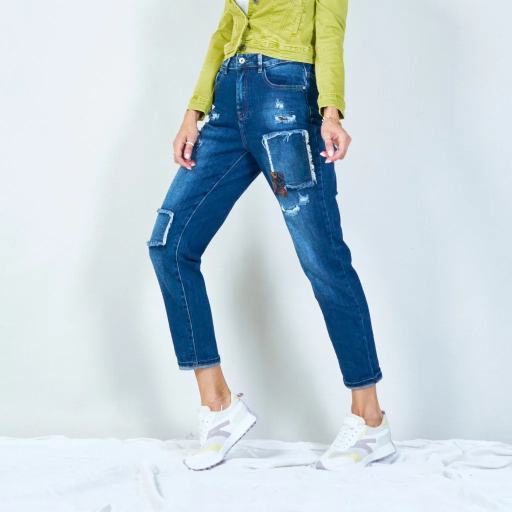 Distressed high-waisted jeans with patchwork wholesale