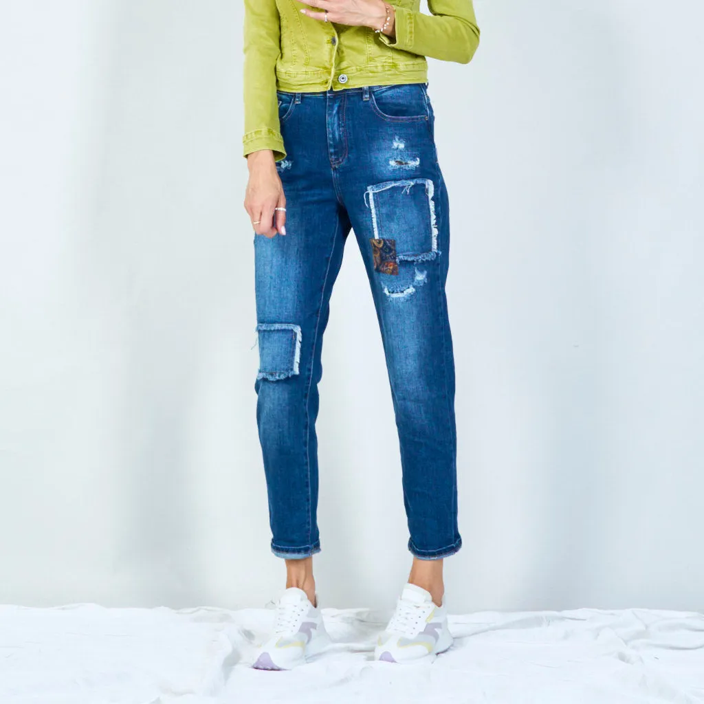 Distressed high-waisted jeans with patchwork wholesale