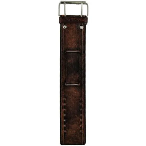 Double Stitched Embossed Distressed Brown Leather Wide Cuff BUIN