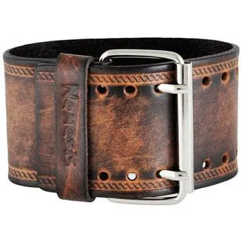 Double Stitched Embossed Distressed Brown Leather Wide Cuff BUIN