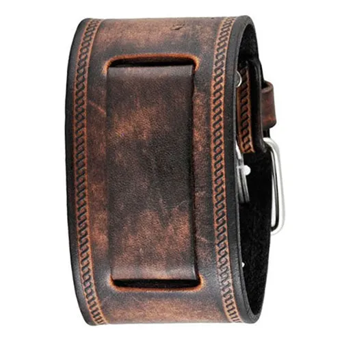 Double Stitched Embossed Distressed Brown Leather Wide Cuff BUIN