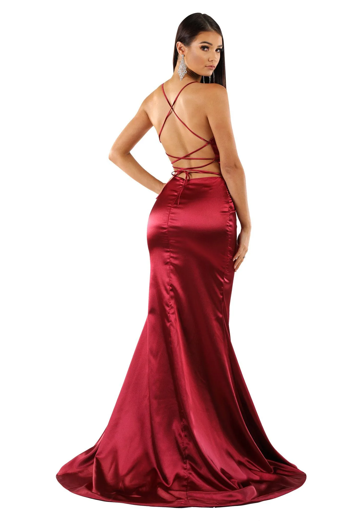 ELECTRA Lace Up Back Front Slit Satin Gown - Deep Red