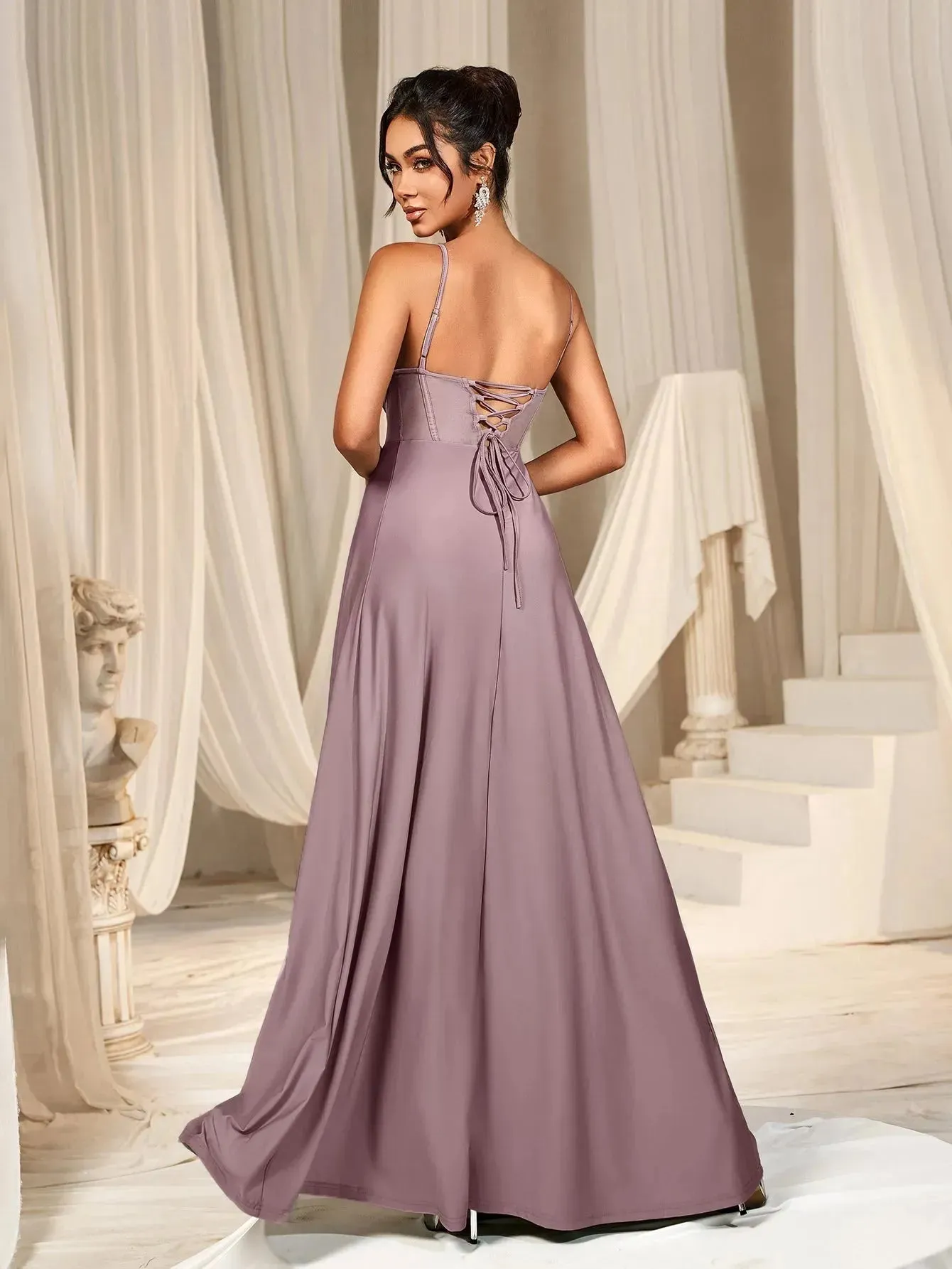 Elegant Solid Spaghetti Straps Split Thigh Bridesmaids Dress