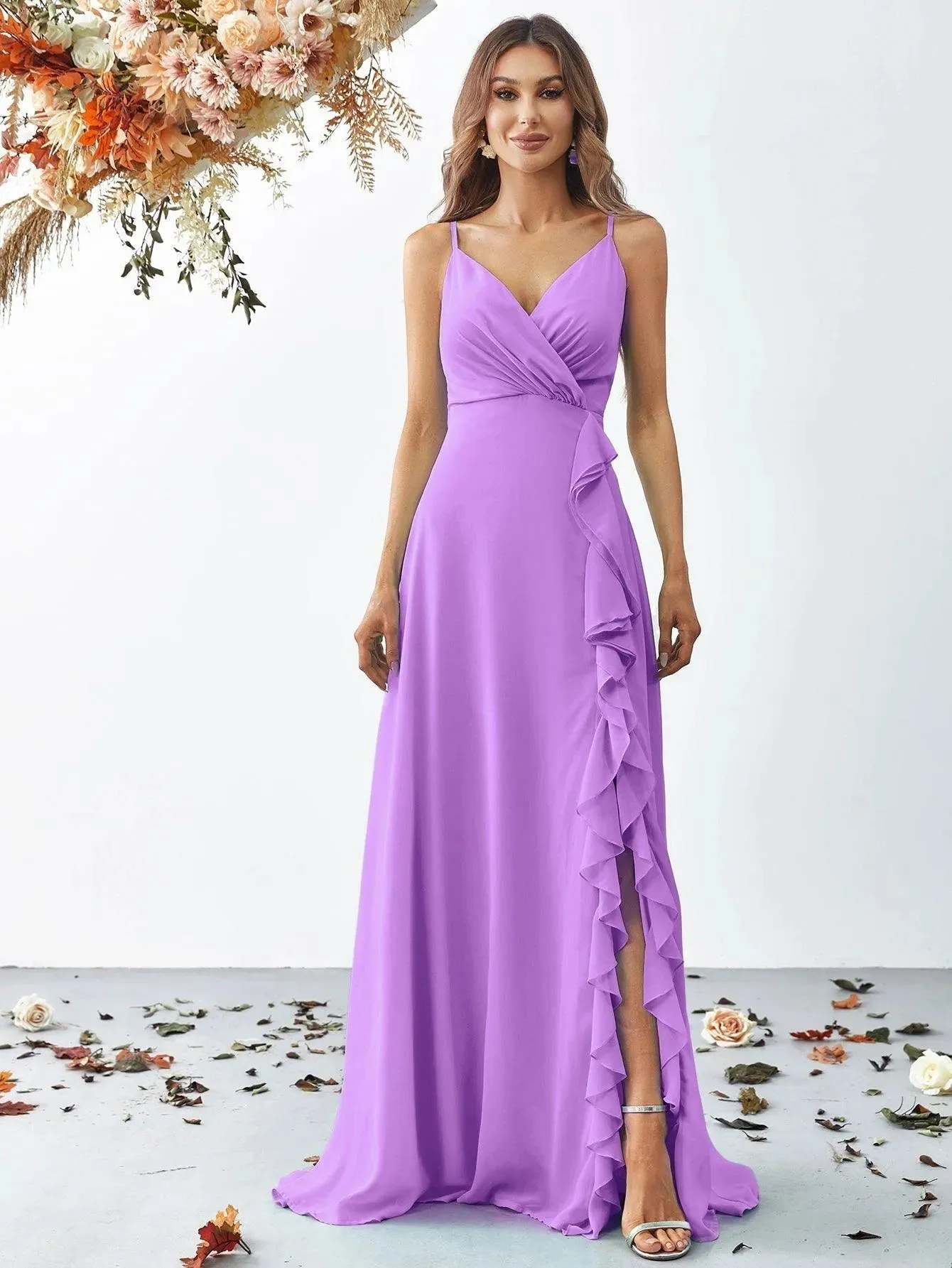 Elegant V Neck Sleeveless Ruffle Slit Chiffon A Line Dresses