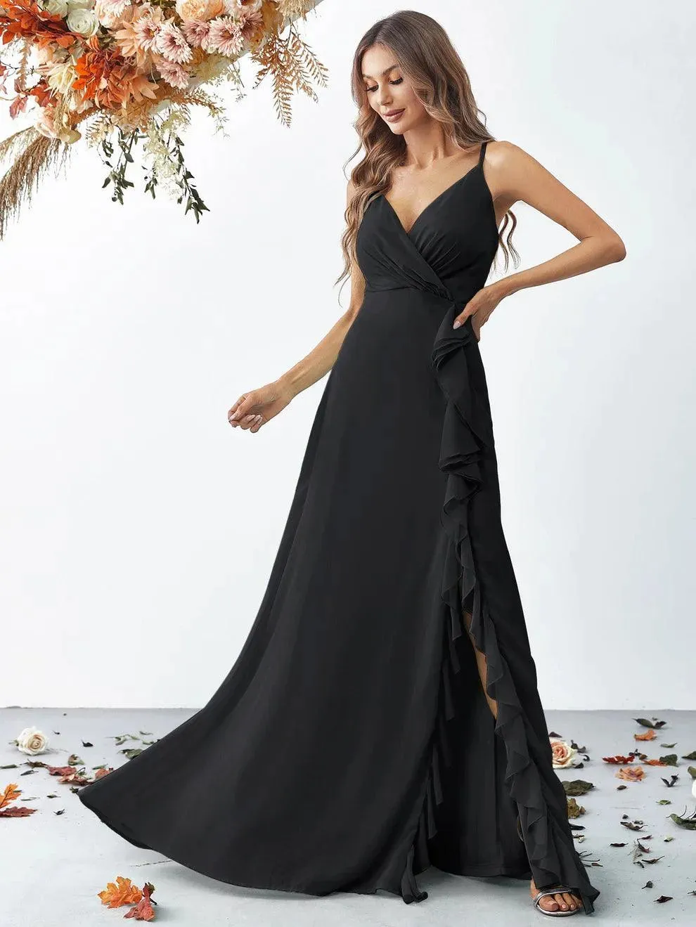 Elegant V Neck Sleeveless Ruffle Slit Chiffon A Line Dresses