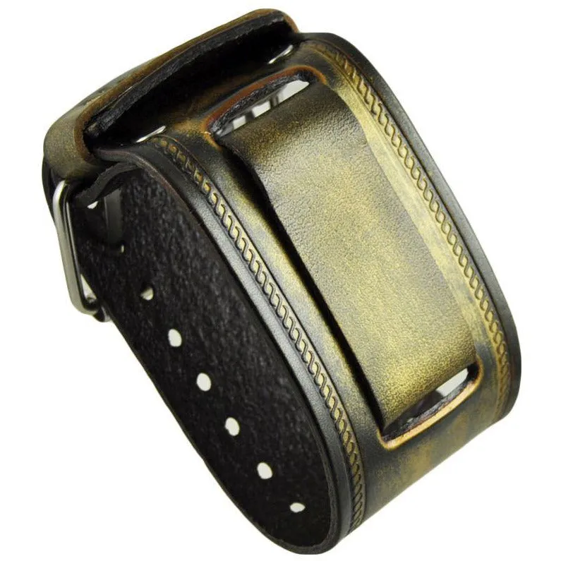 Embossed Distressed Gold Leather Wide Cuff