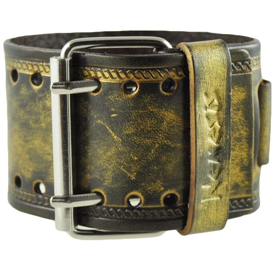 Embossed Distressed Gold Leather Wide Cuff