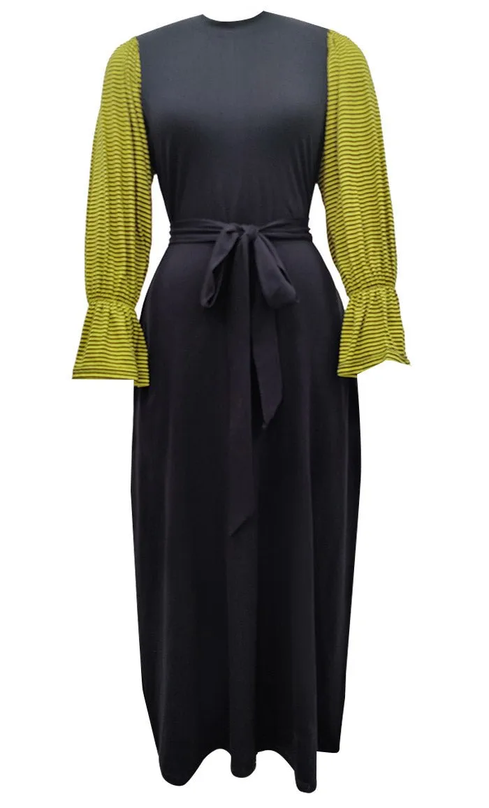 Everydaywear Black And Mustard Cotton Jersey Abaya With Pockets