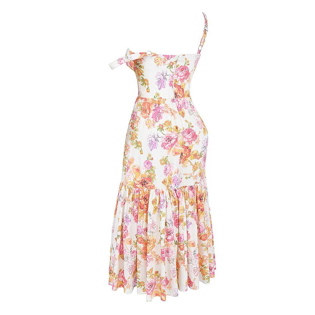 Feminine Floral Print Sweetheart Suspender Strap Fit and Flare Midi Sundress