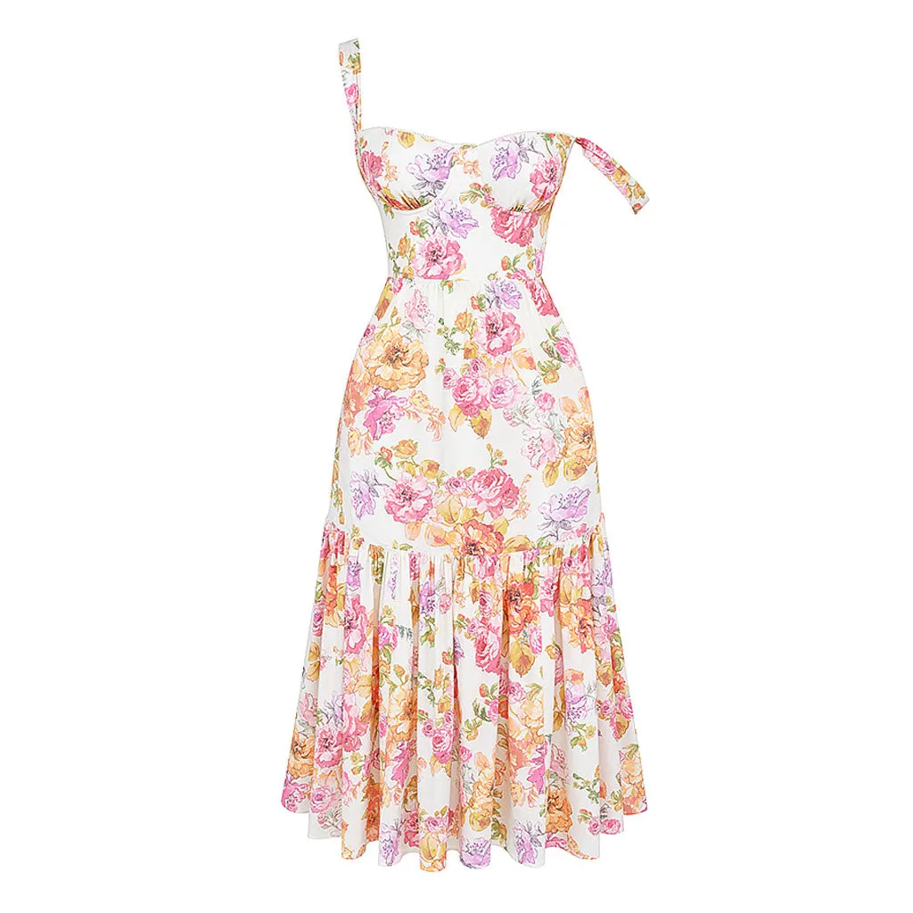 Feminine Floral Print Sweetheart Suspender Strap Fit and Flare Midi Sundress