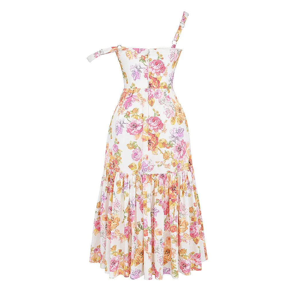 Feminine Floral Print Sweetheart Suspender Strap Fit and Flare Midi Sundress