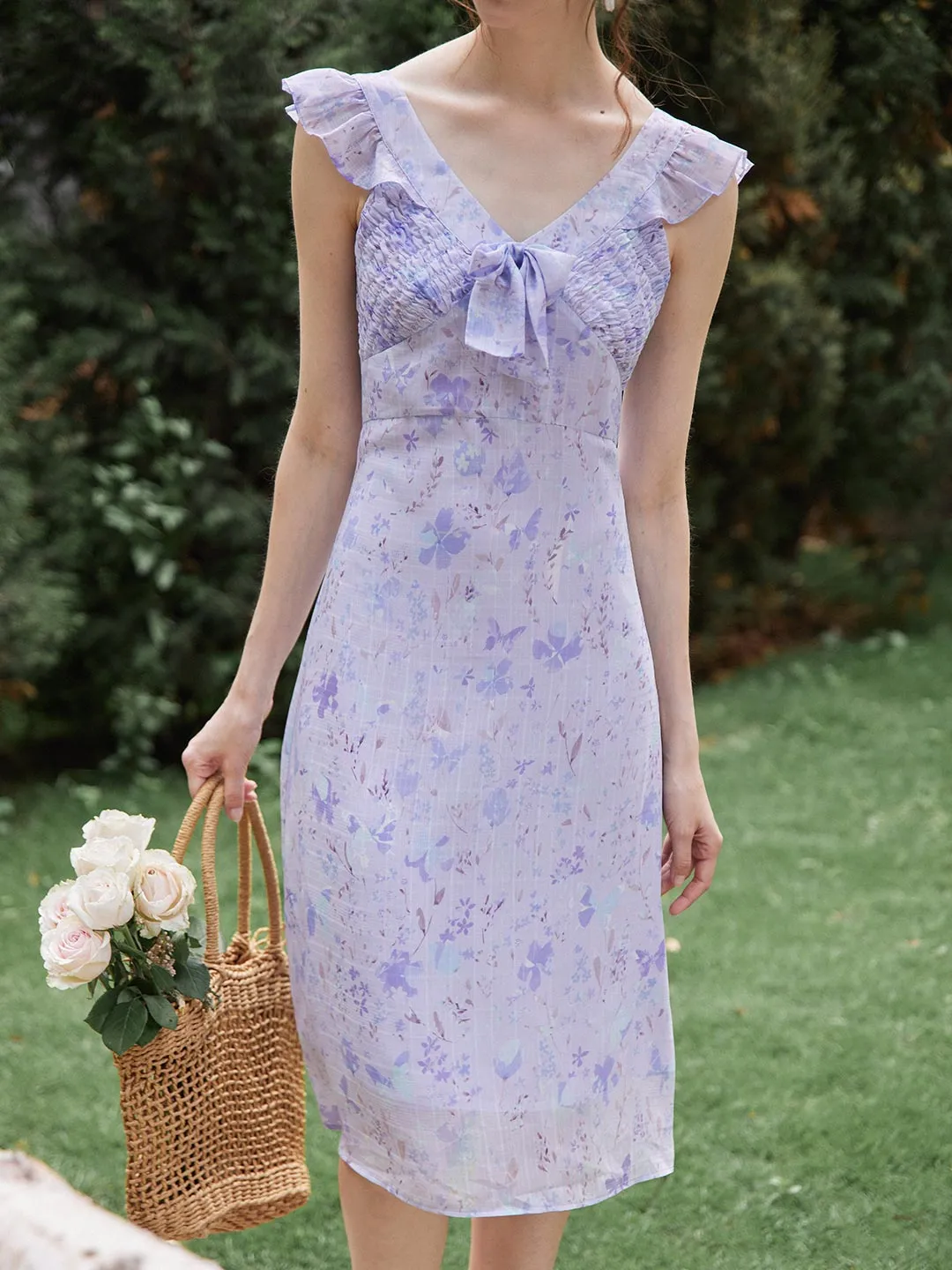 【Final Sale】Vanessa Chiffon V-Neck Printed Midi Dress