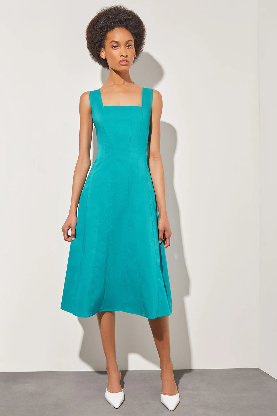 Fit & Flare Midi Dress - Square Neck Cotton Blend, Bermuda