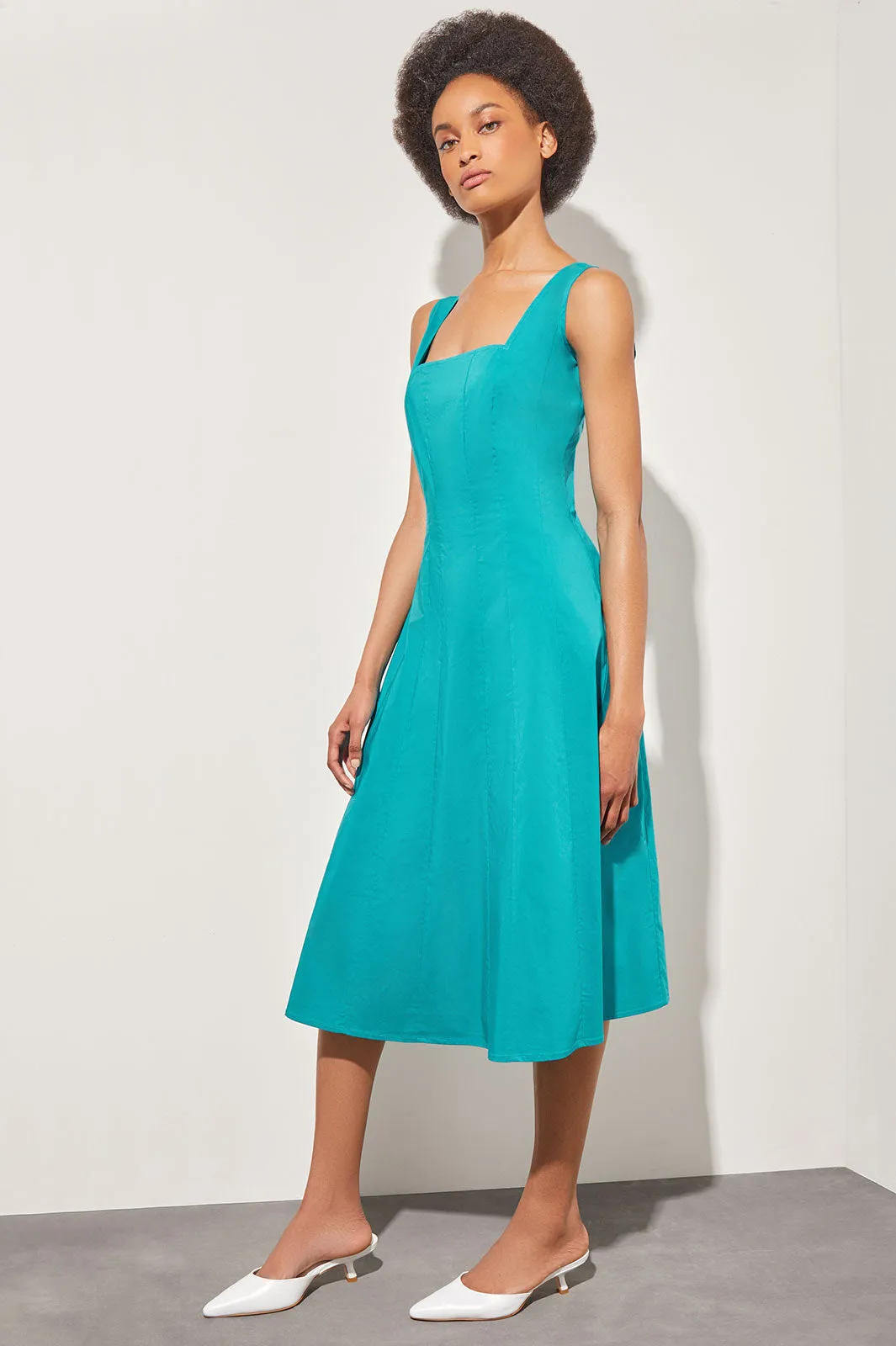 Fit & Flare Midi Dress - Square Neck Cotton Blend, Bermuda