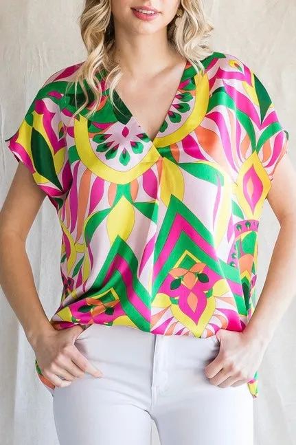 Floral Abstract Print Satin Top- Pink & Yellow Mix