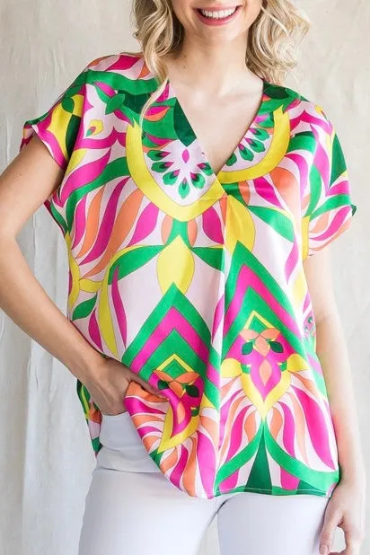 Floral Abstract Print Satin Top- Pink & Yellow Mix