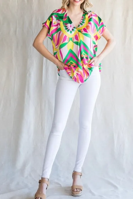 Floral Abstract Print Satin Top- Pink & Yellow Mix