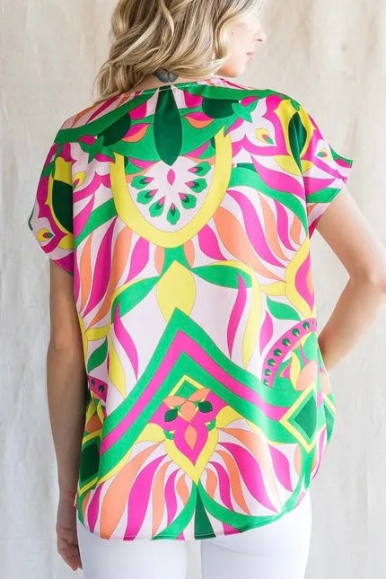 Floral Abstract Print Satin Top- Pink & Yellow Mix