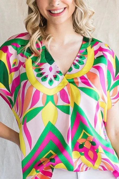 Floral Abstract Print Satin Top- Pink & Yellow Mix