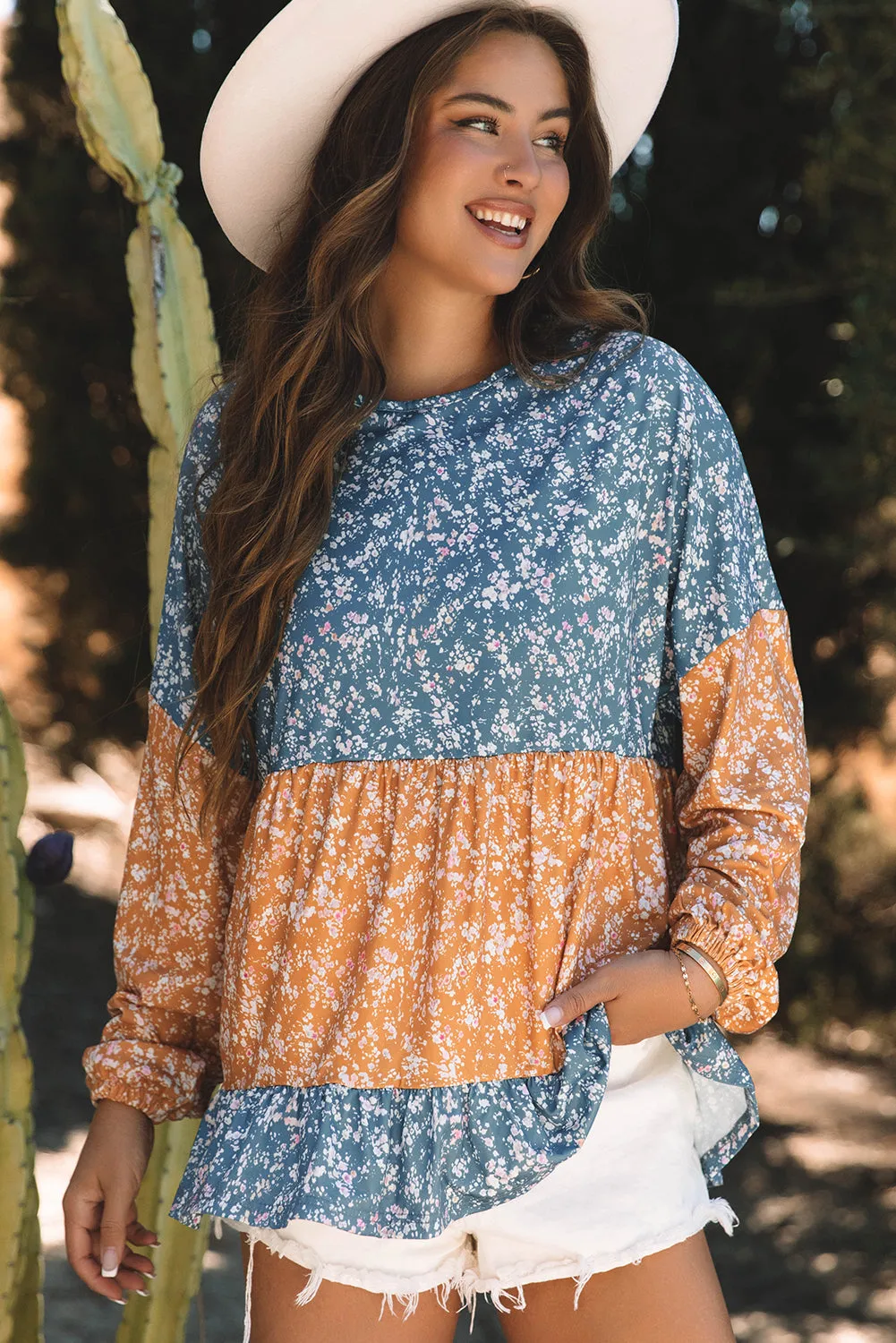 Floral Color Block Ruffled Hem Round Neck Blouse