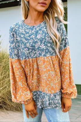 Floral Color Block Ruffled Hem Round Neck Blouse