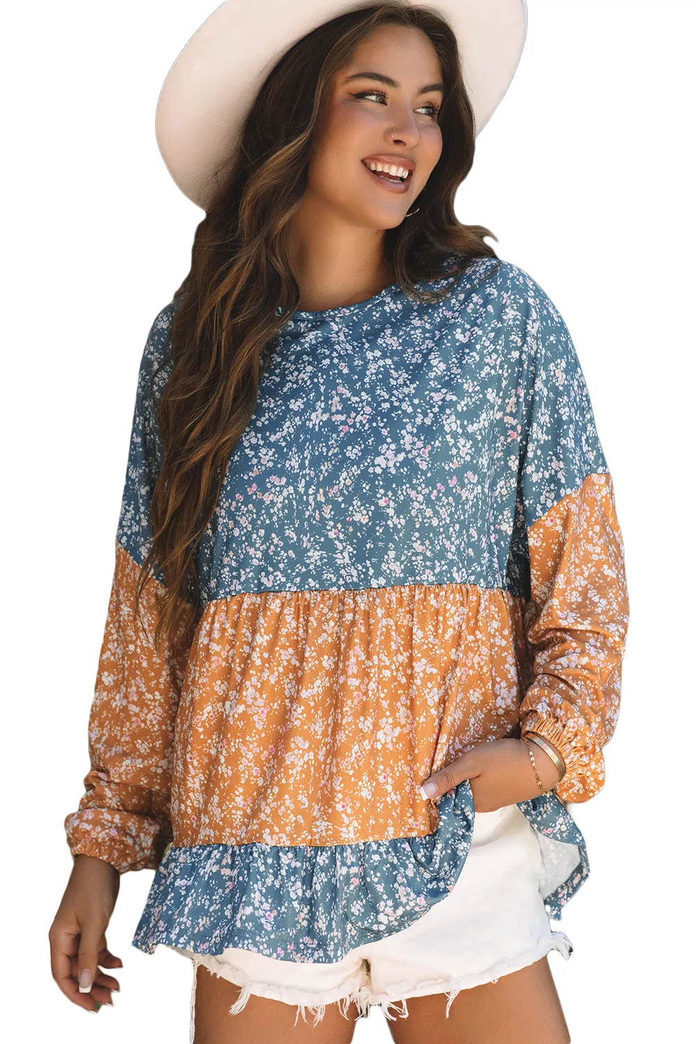 Floral Color Block Ruffled Hem Round Neck Blouse