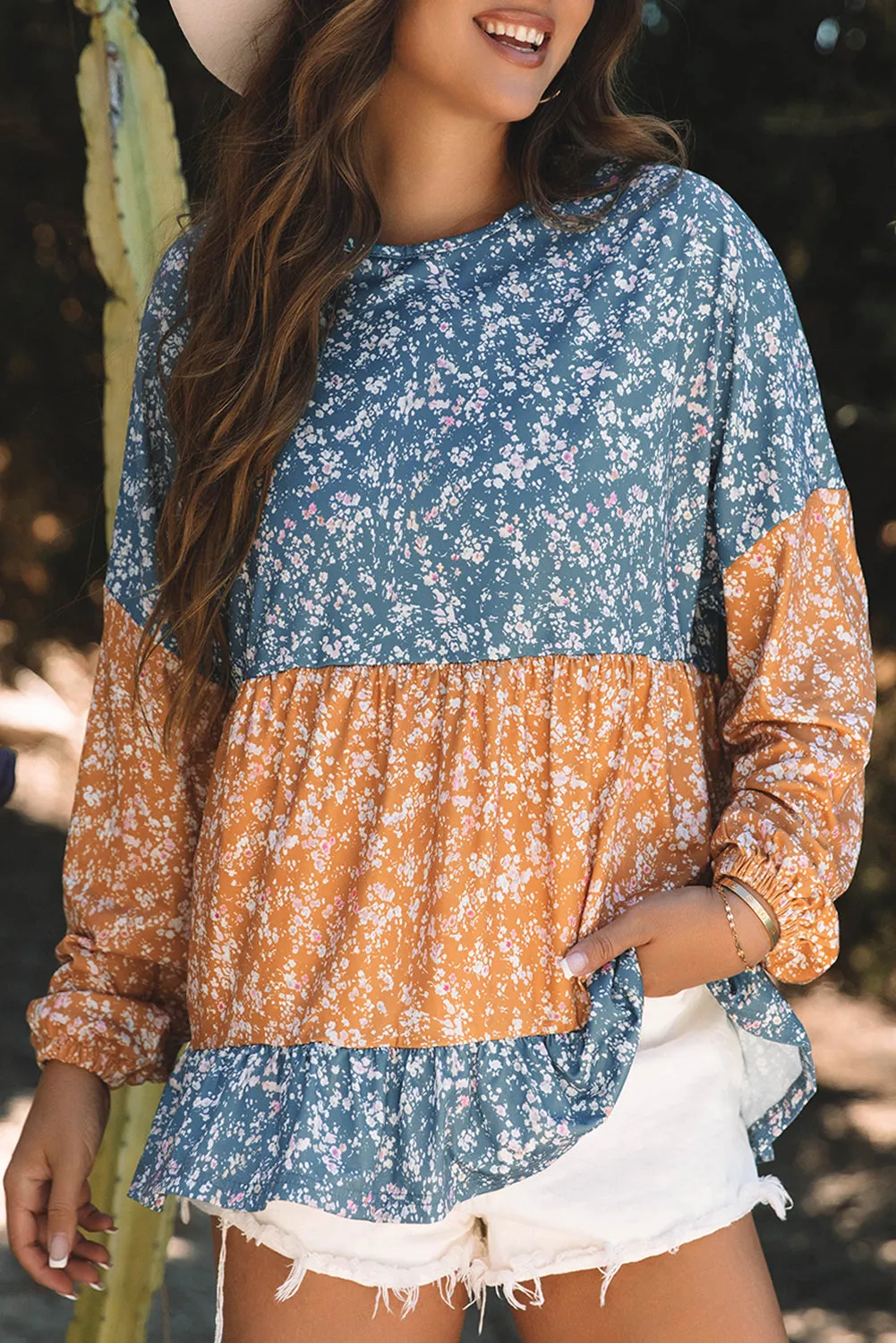 Floral Color Block Ruffled Hem Round Neck Blouse