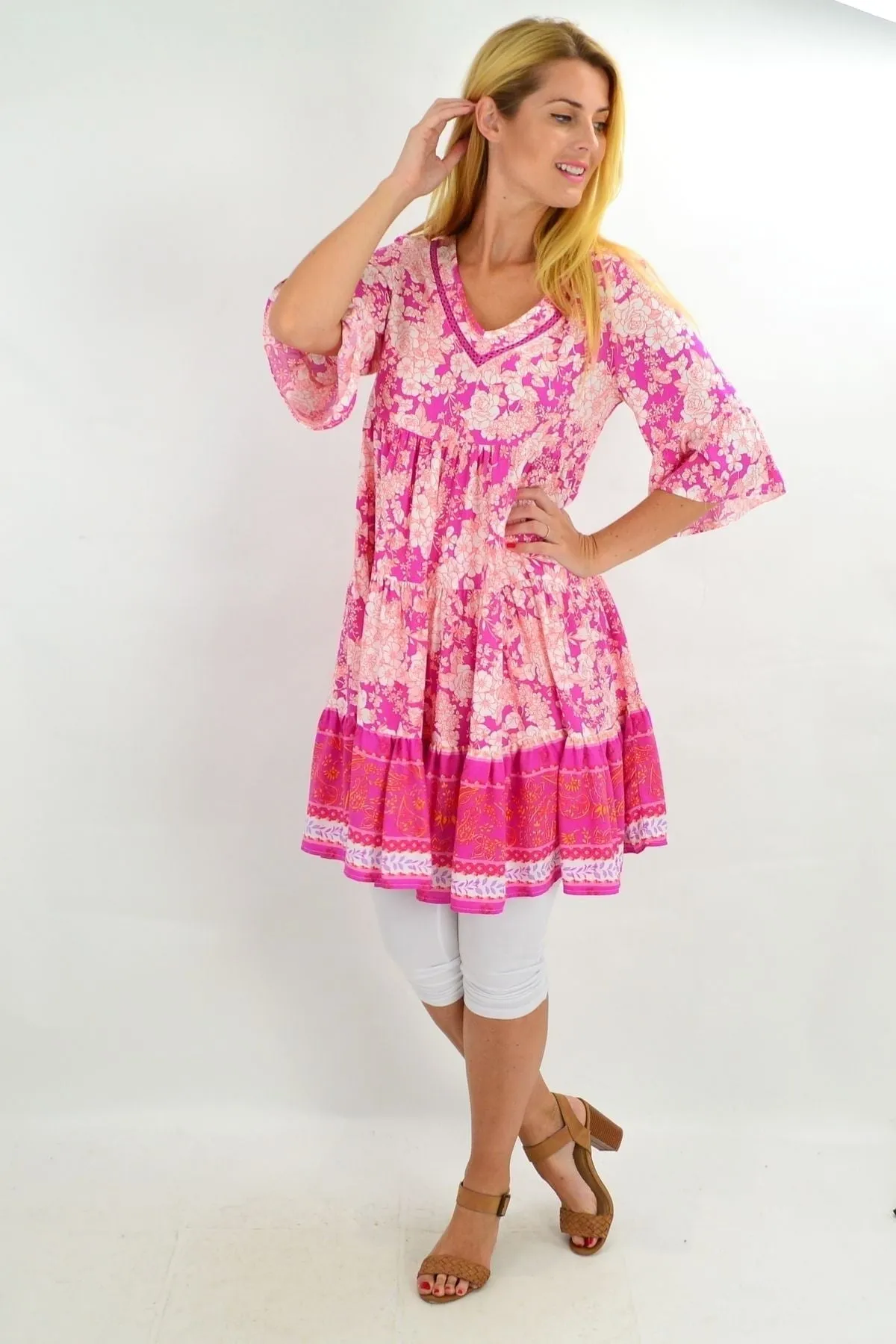 Floral Fuchsia Tiered Tunic Dress