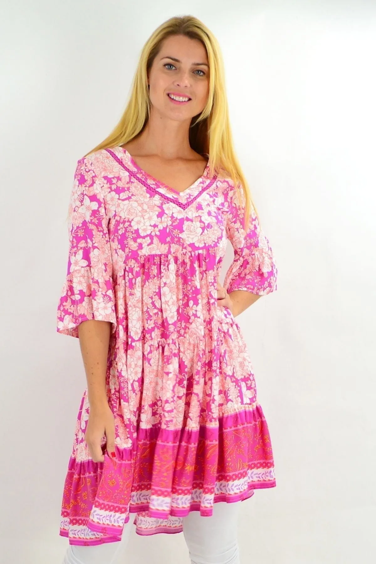 Floral Fuchsia Tiered Tunic Dress