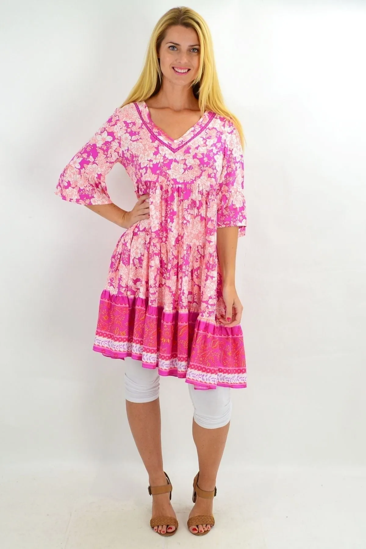 Floral Fuchsia Tiered Tunic Dress