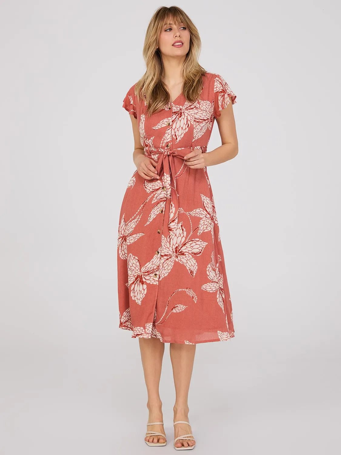 Floral Print Flutter Sleeve Button-Front Midi Dress