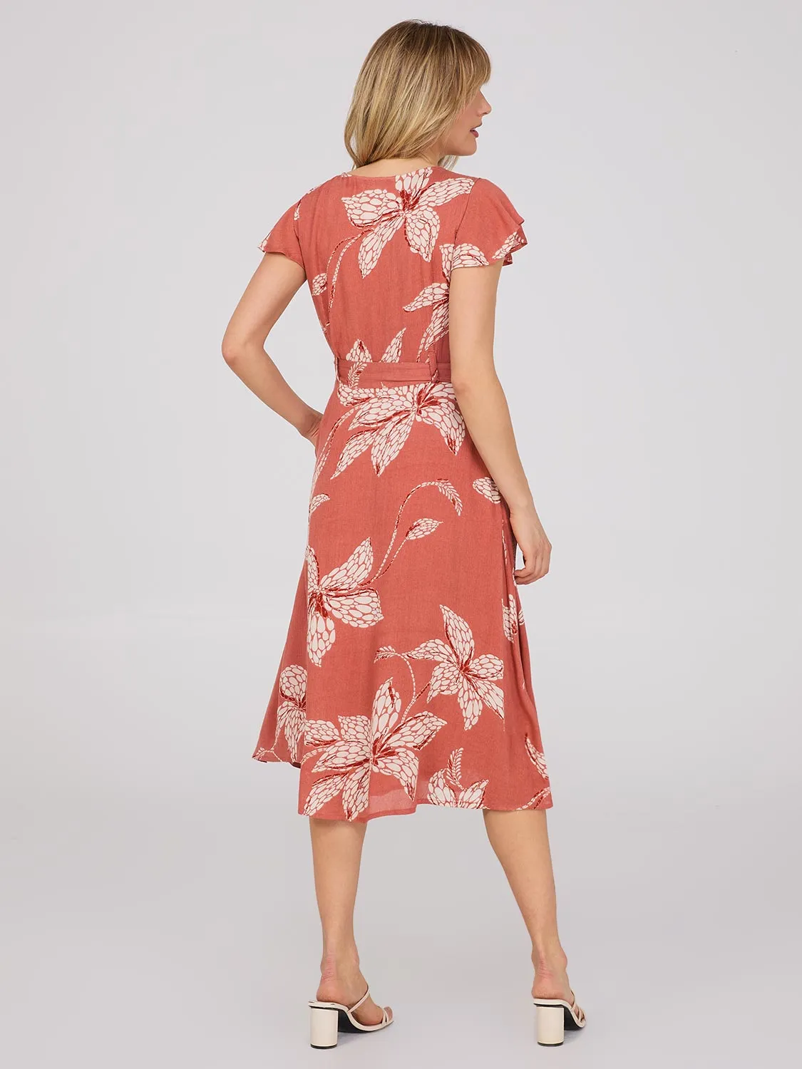 Floral Print Flutter Sleeve Button-Front Midi Dress