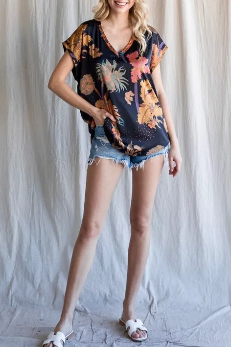 Floral Print Satin Top- Black Mix