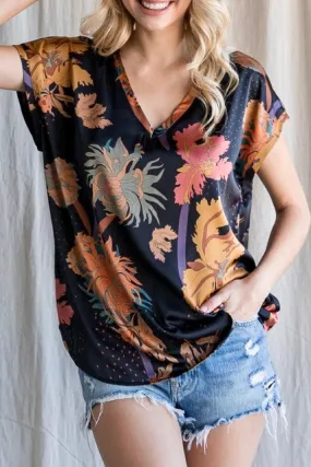 Floral Print Satin Top- Black Mix