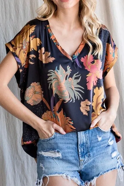 Floral Print Satin Top- Black Mix