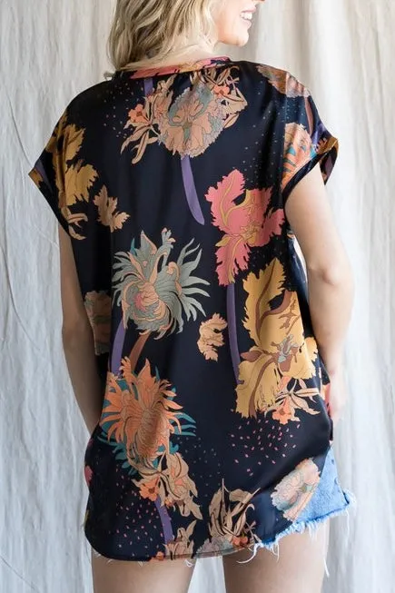 Floral Print Satin Top- Black Mix