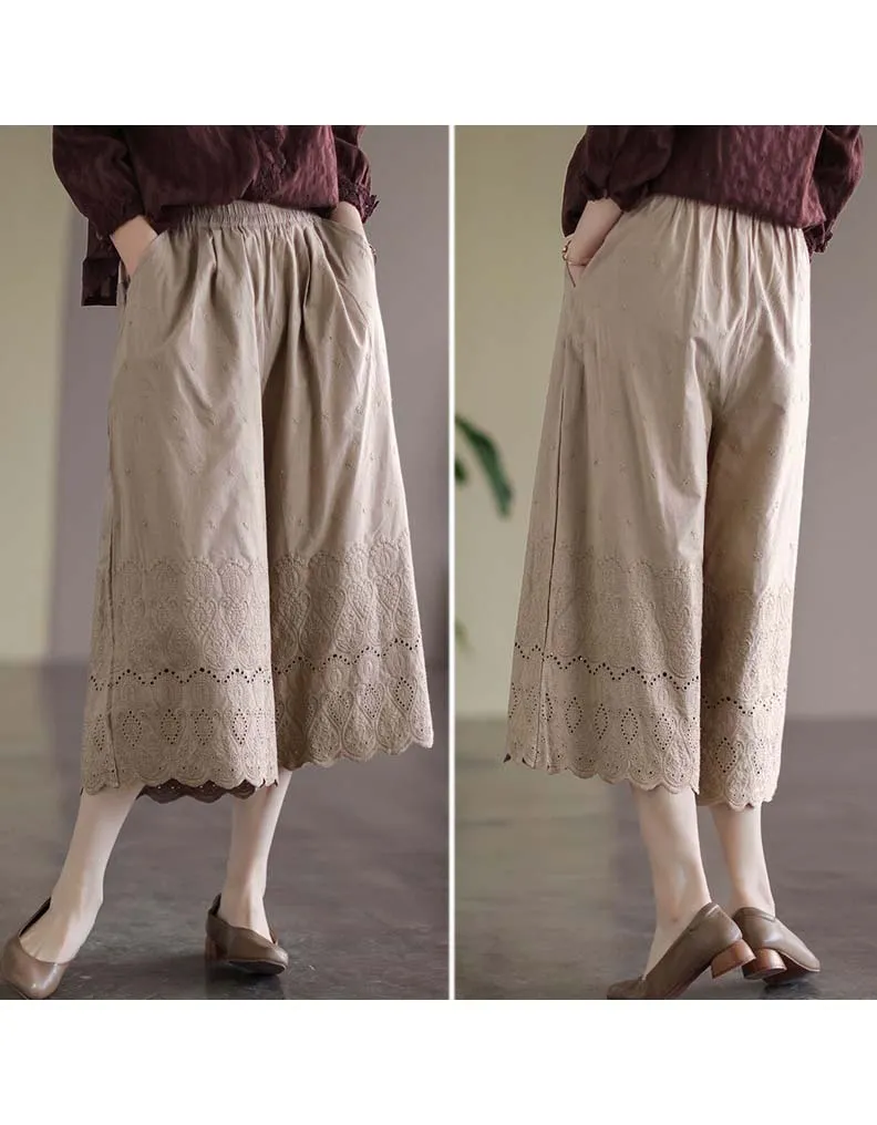 Flower Embroidered Hollow Casual Wide-leg Pants