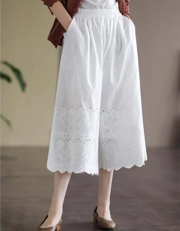 Flower Embroidered Hollow Casual Wide-leg Pants