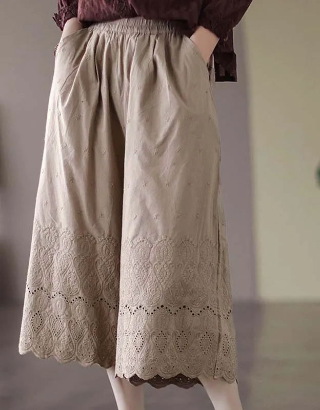 Flower Embroidered Hollow Casual Wide-leg Pants