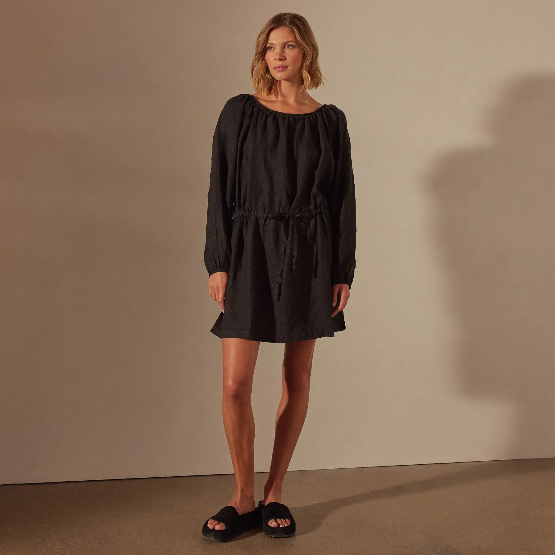 Gathered Linen Dress - Black