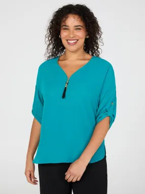 Geo Print Zip Front V-Neck Top