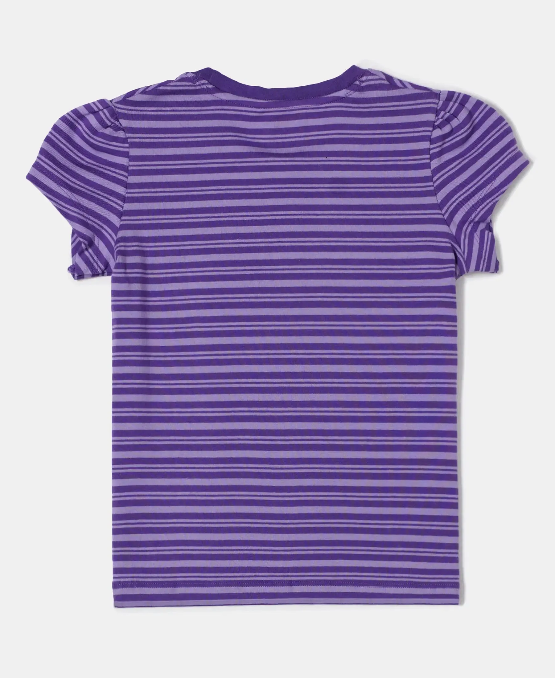 Girl's Super Combed Cotton Elastane Stretch Rib Striped Short Sleeve T-Shirt - Royal Purple & Paisley Purple