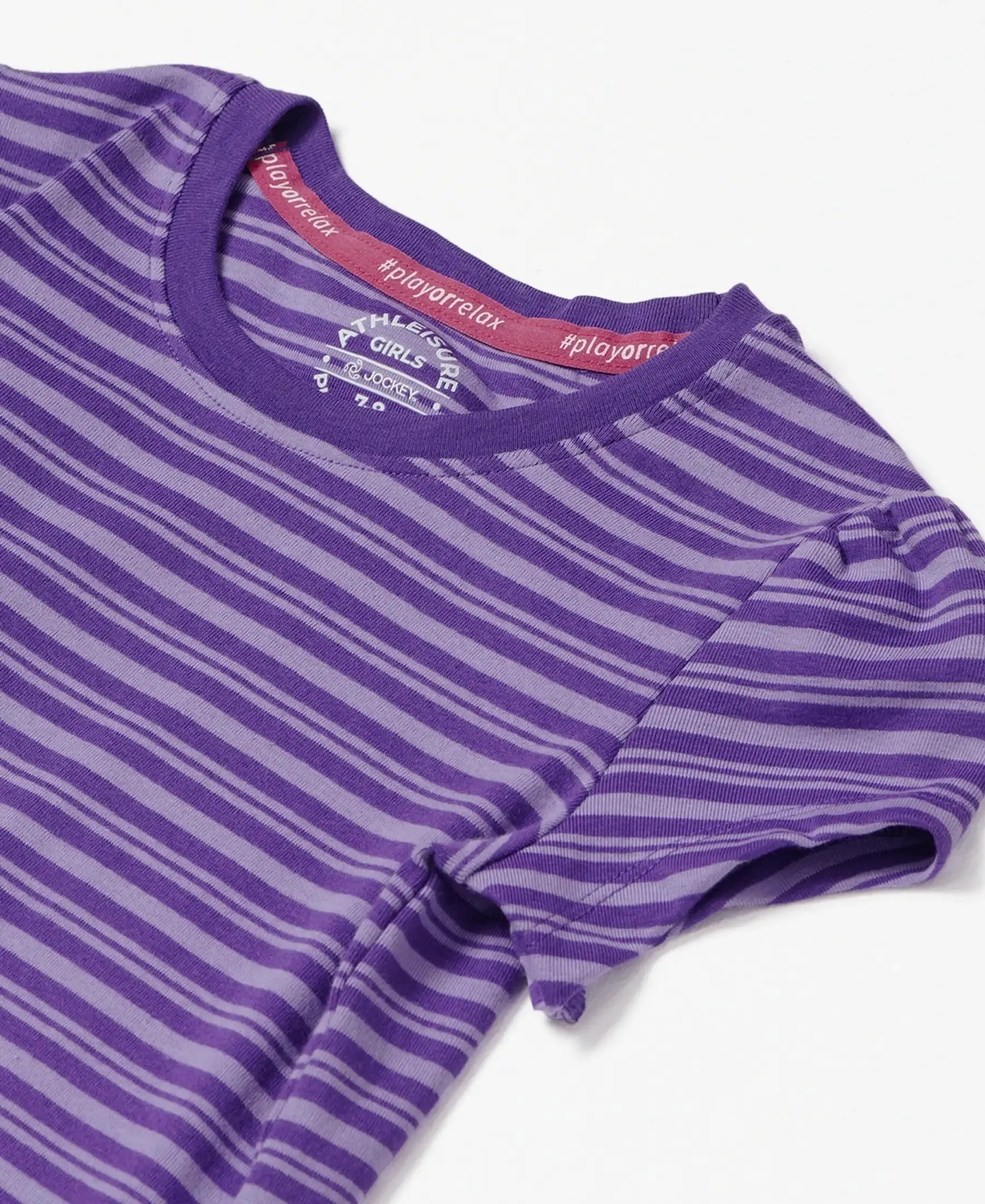 Girl's Super Combed Cotton Elastane Stretch Rib Striped Short Sleeve T-Shirt - Royal Purple & Paisley Purple