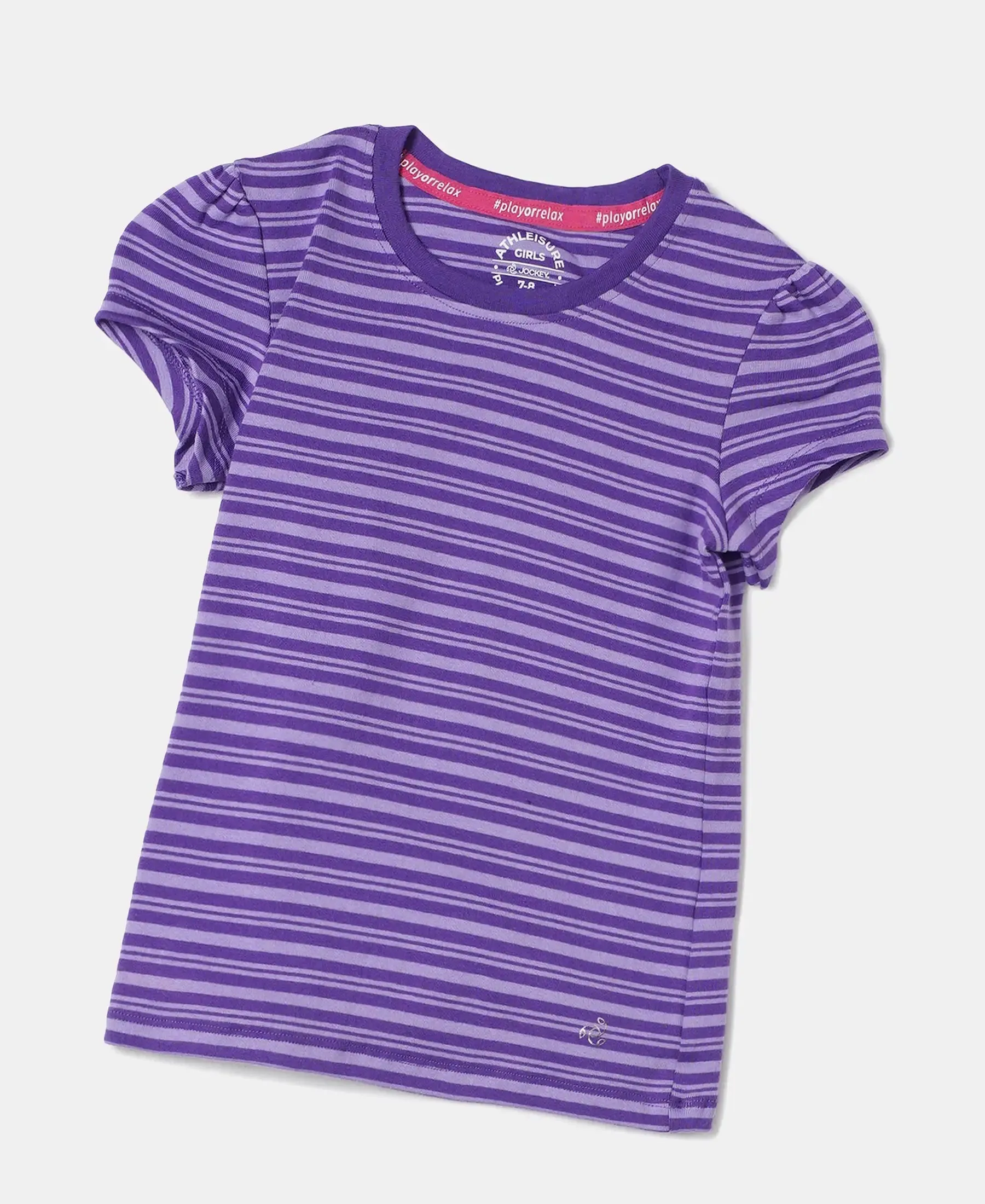 Girl's Super Combed Cotton Elastane Stretch Rib Striped Short Sleeve T-Shirt - Royal Purple & Paisley Purple