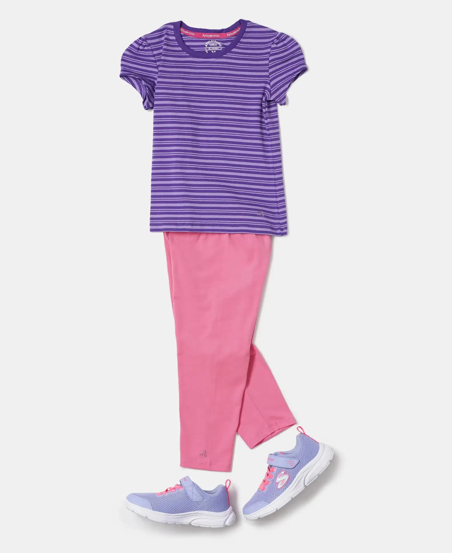 Girl's Super Combed Cotton Elastane Stretch Rib Striped Short Sleeve T-Shirt - Royal Purple & Paisley Purple