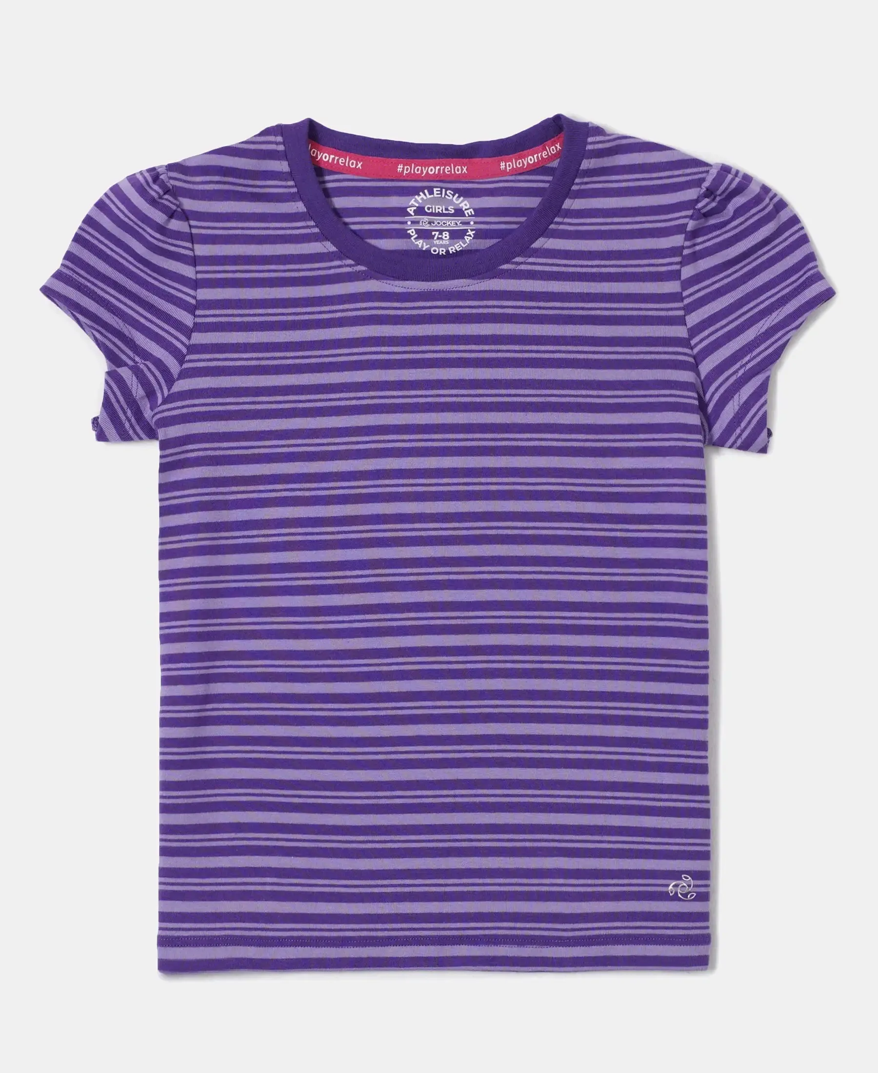 Girl's Super Combed Cotton Elastane Stretch Rib Striped Short Sleeve T-Shirt - Royal Purple & Paisley Purple