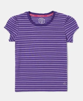 Girl's Super Combed Cotton Elastane Stretch Rib Striped Short Sleeve T-Shirt - Royal Purple & Paisley Purple