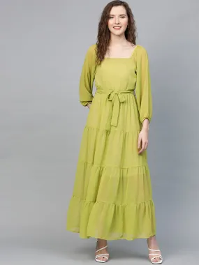 Green Square Neck Tiered Maxi Dress